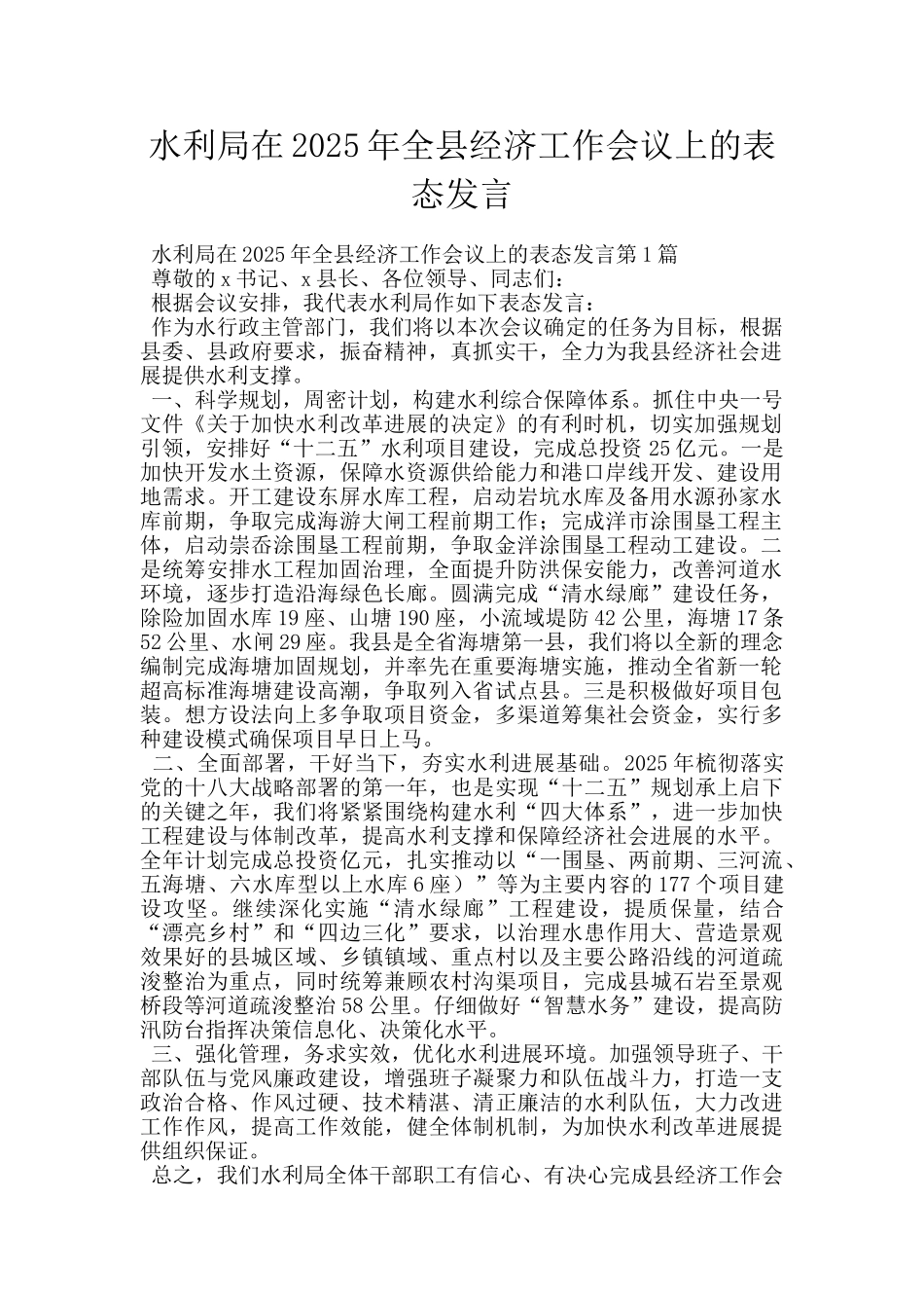 水利局在2025年全县经济工作会议上的表态发言_第1页