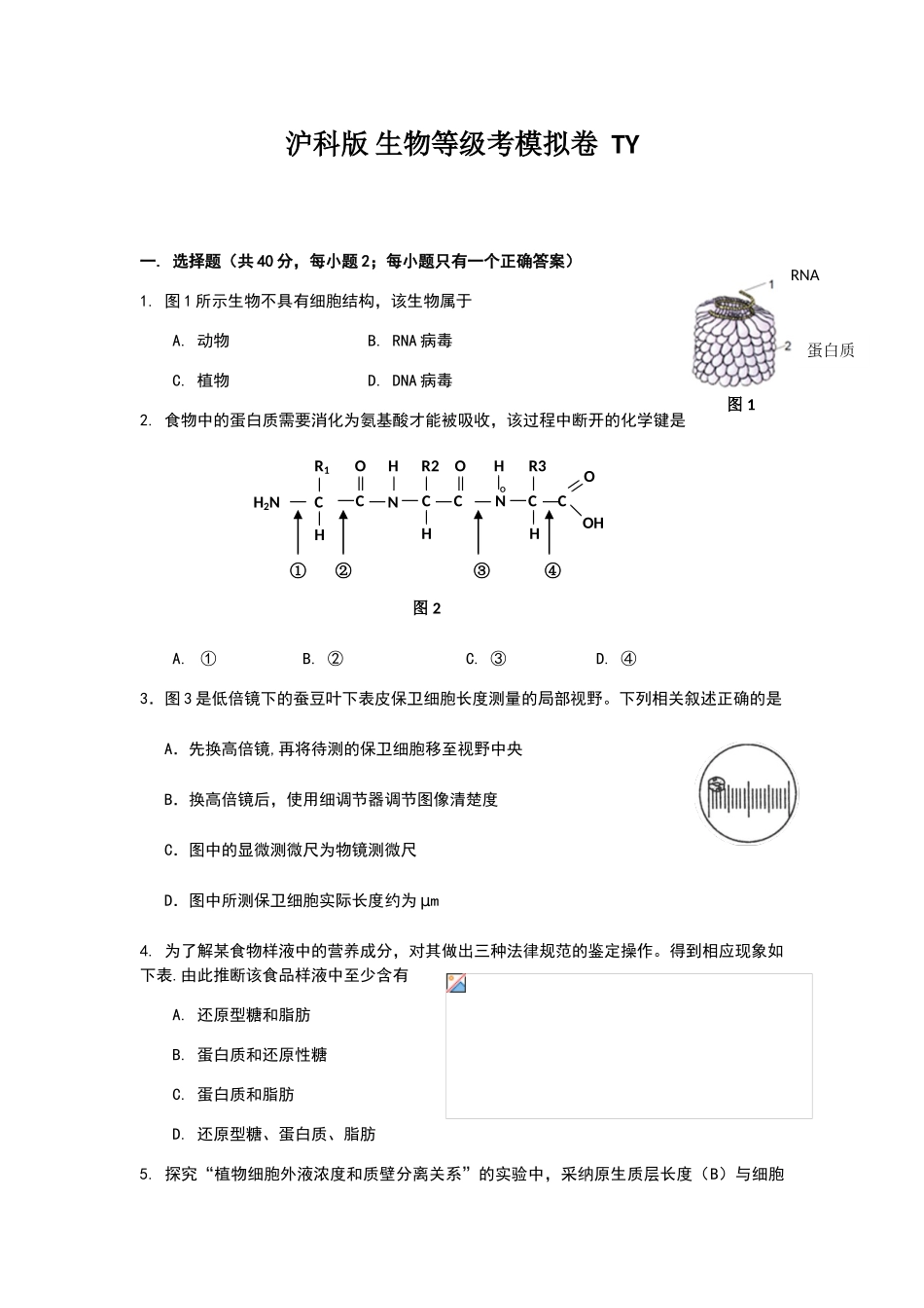 沪科版生物等级考-模拟卷_第1页