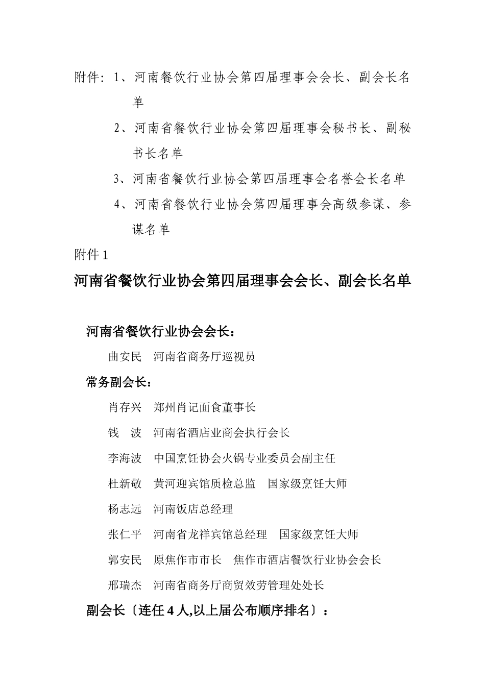 河南省餐饮行业协会第四届理事会会长、副会长、秘书长、副秘书长_第1页