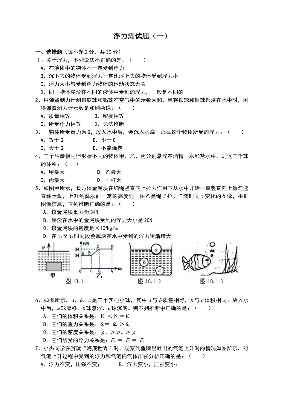 浮力单元测试题_第1页