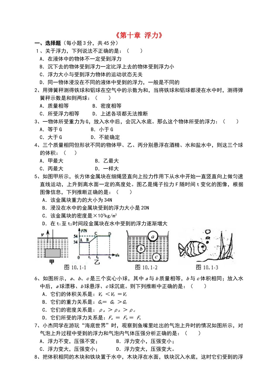 浮力》单元综合测试题(_第1页
