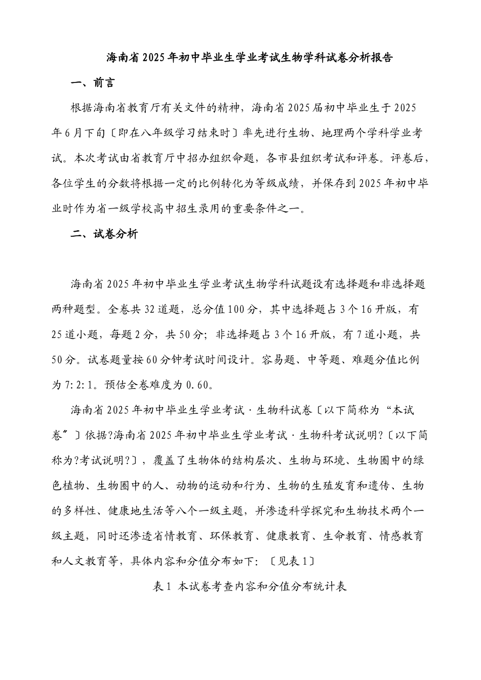 海南省XXXX年初中毕业生学业考试生物学科试卷分析报告_第1页