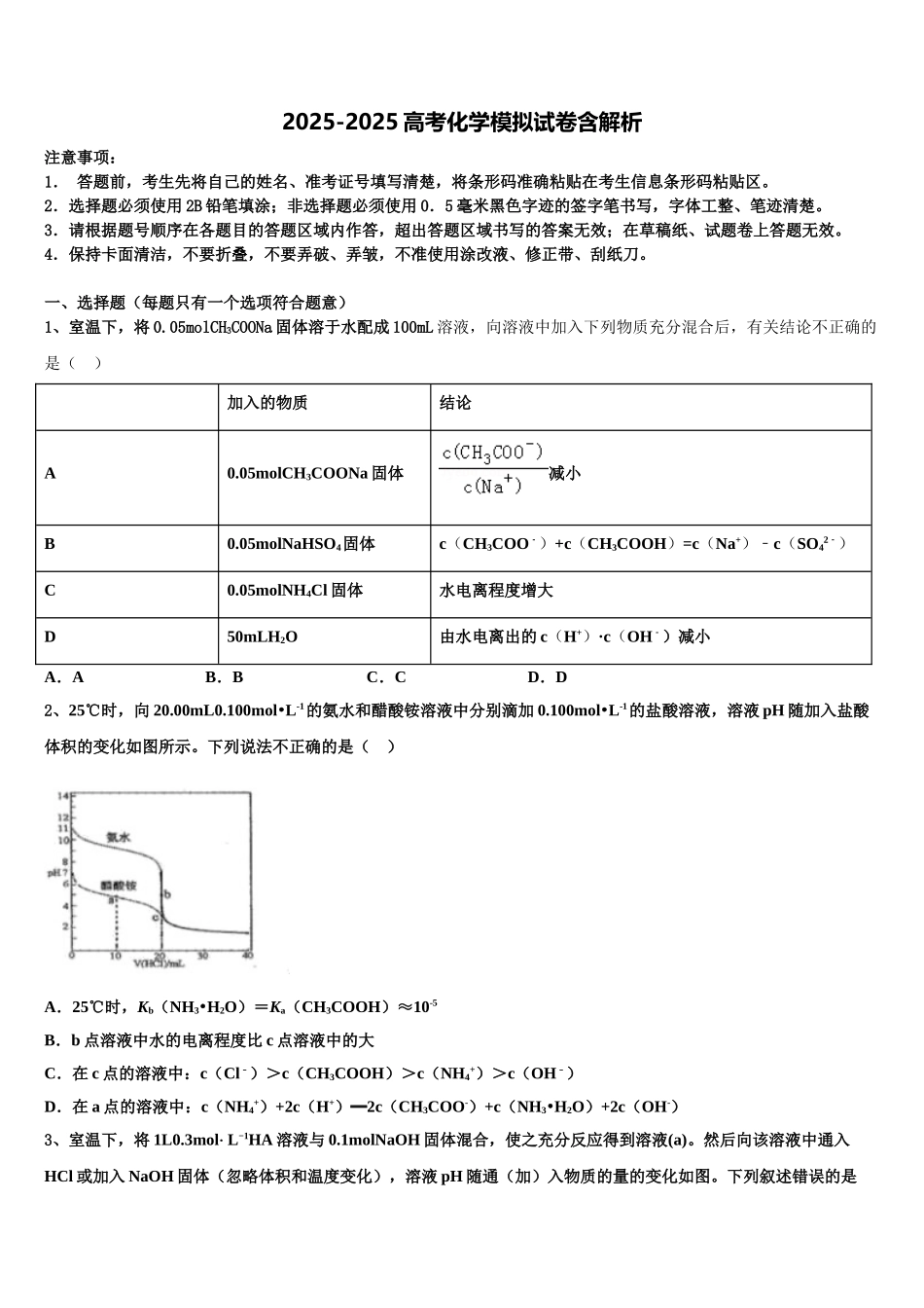 海南省嘉积中学高三二诊模拟考试化学试卷含解析_第1页