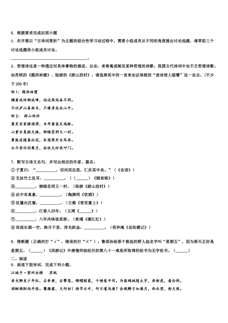 海南省海南师范大附属中学中考语文模试卷含解析_第2页