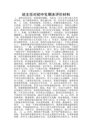 班主任对初中生期末评价材料
