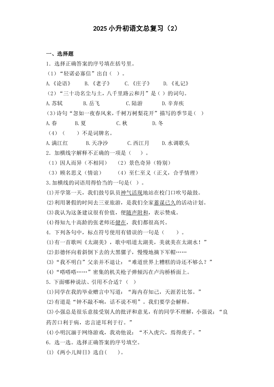 2025六年级小升初语文专项训练-总复习2（26P 详细解析）_第1页