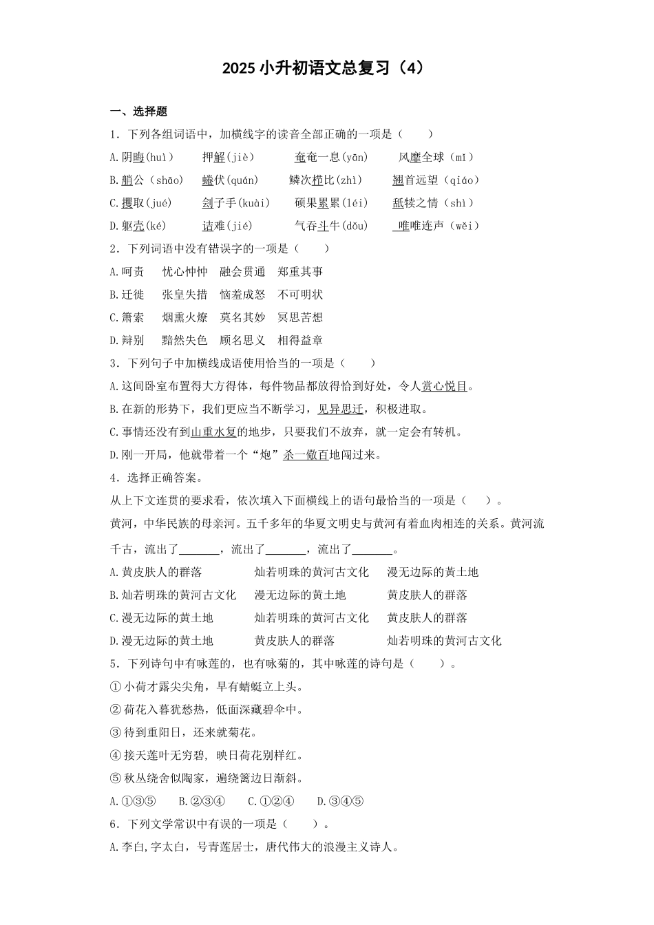 2025六年级小升初语文专项训练-总复习4（27P 详细解析）_第1页