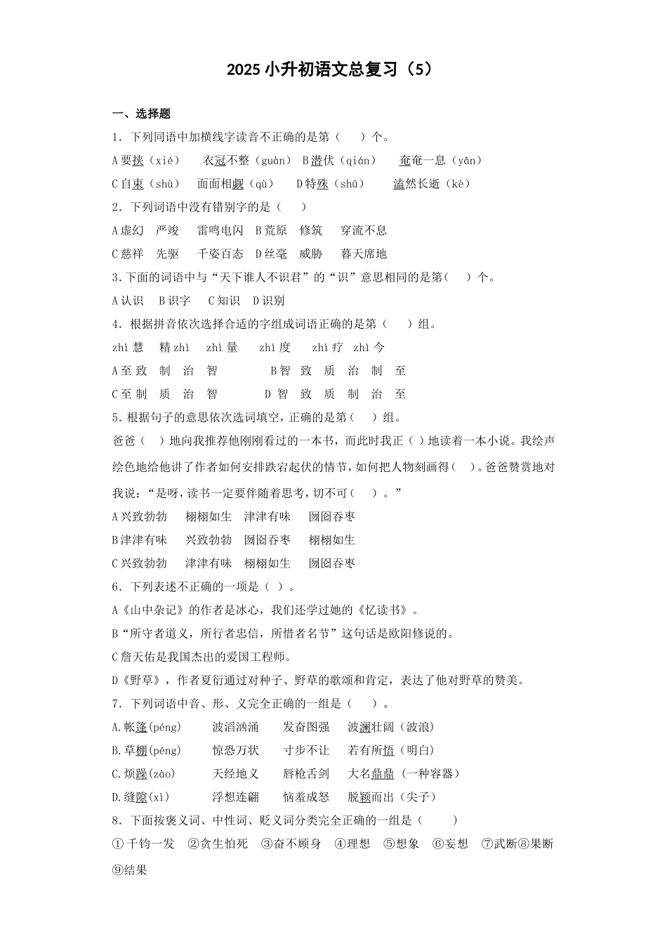 2025六年级小升初语文专项训练-总复习5（24P 详细解析）_第1页