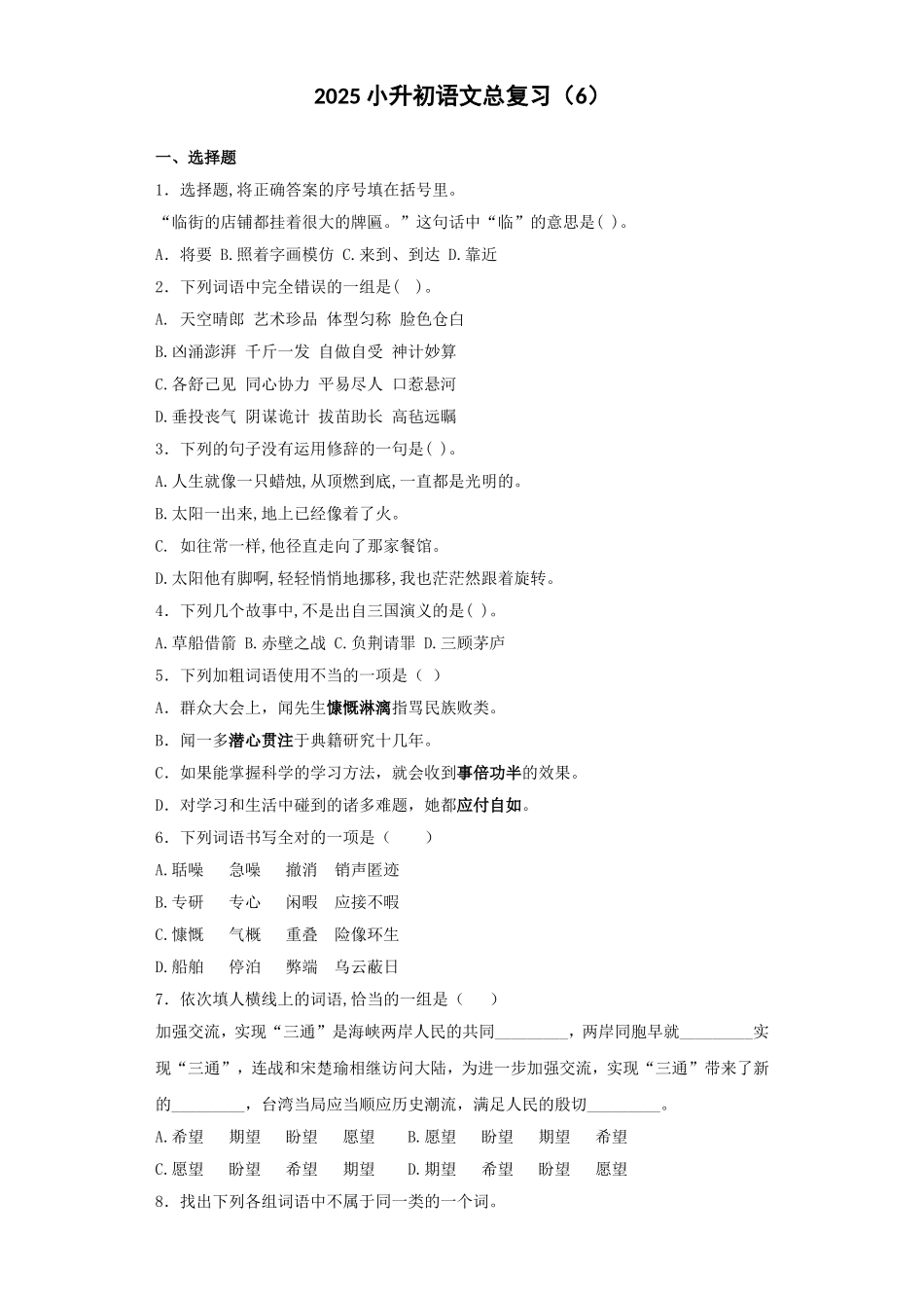 2025六年级小升初语文专项训练-总复习6（21P 详细解析）_第1页