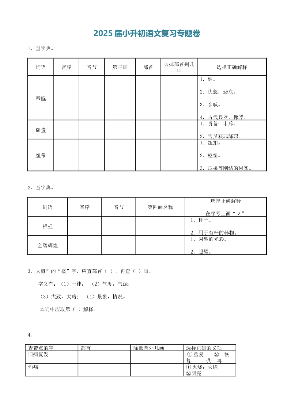 2025届六年级小升初语文专题复习-01汉字查字典（11P）（附答案解析）_第1页
