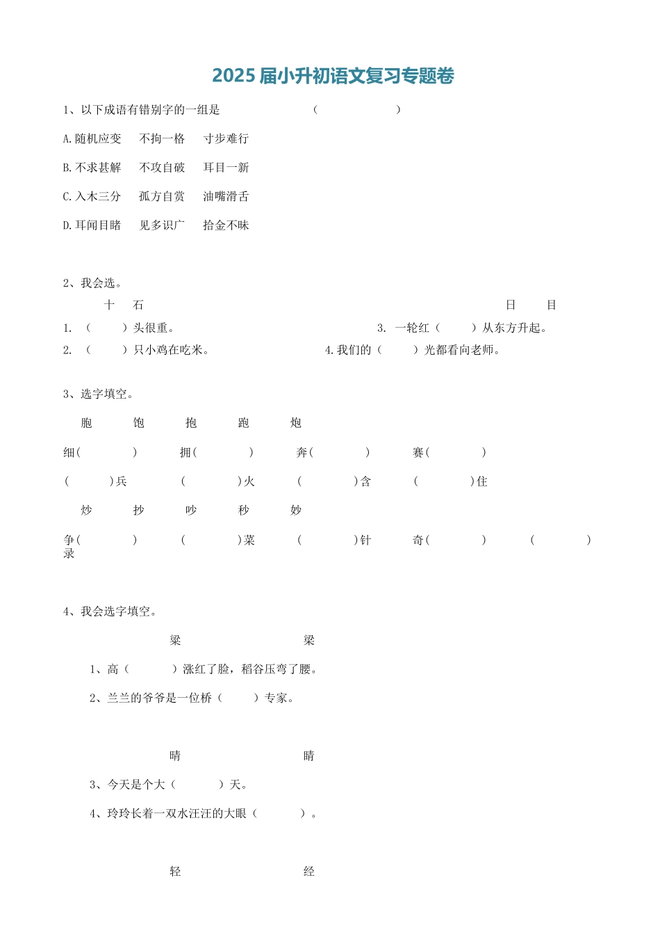 2025届六年级小升初语文专题复习-04汉字形近字（10P）（附答案解析）_第1页