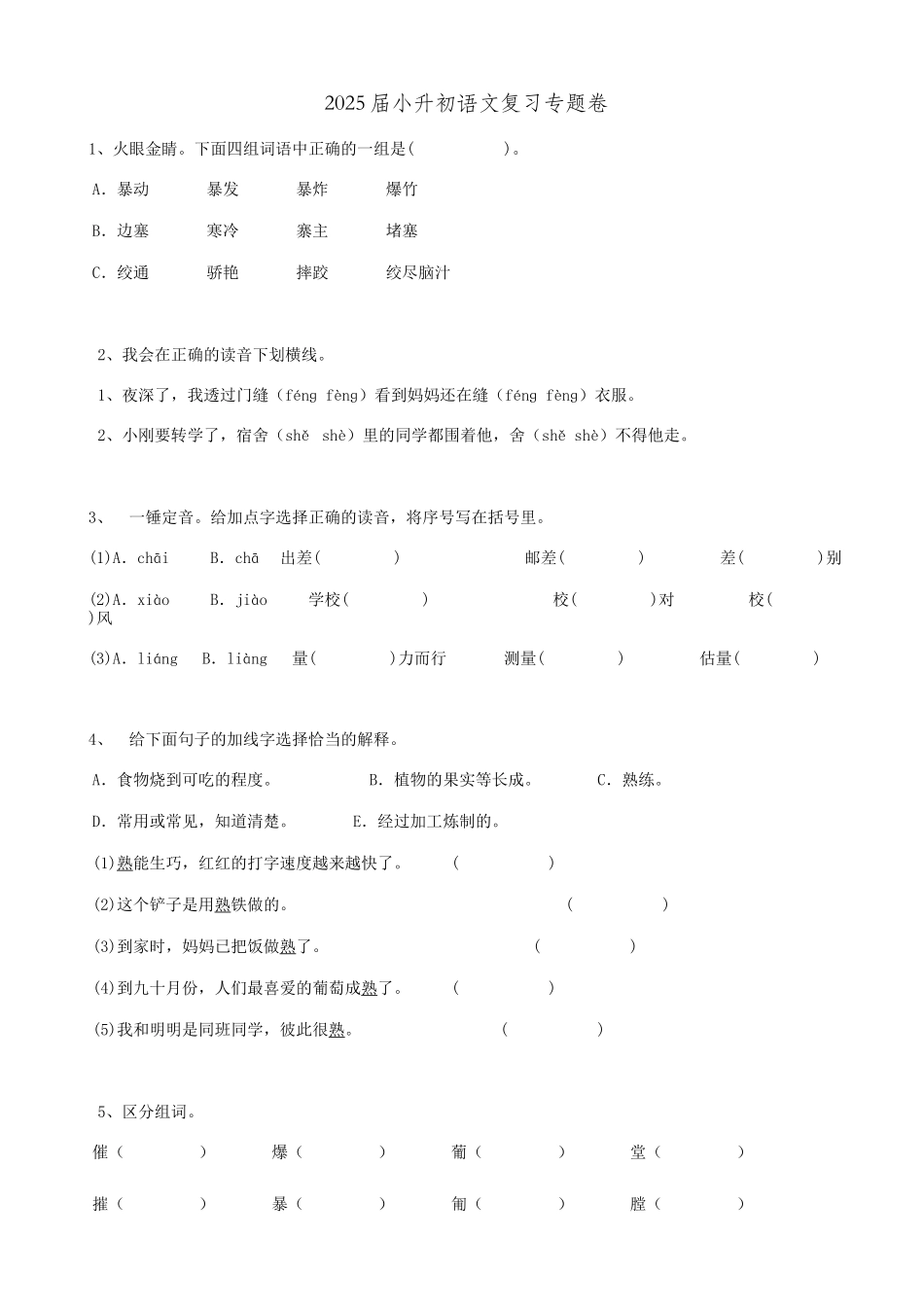2025届六年级小升初语文专题复习-08汉字综合（13P）（附答案解析）_第1页