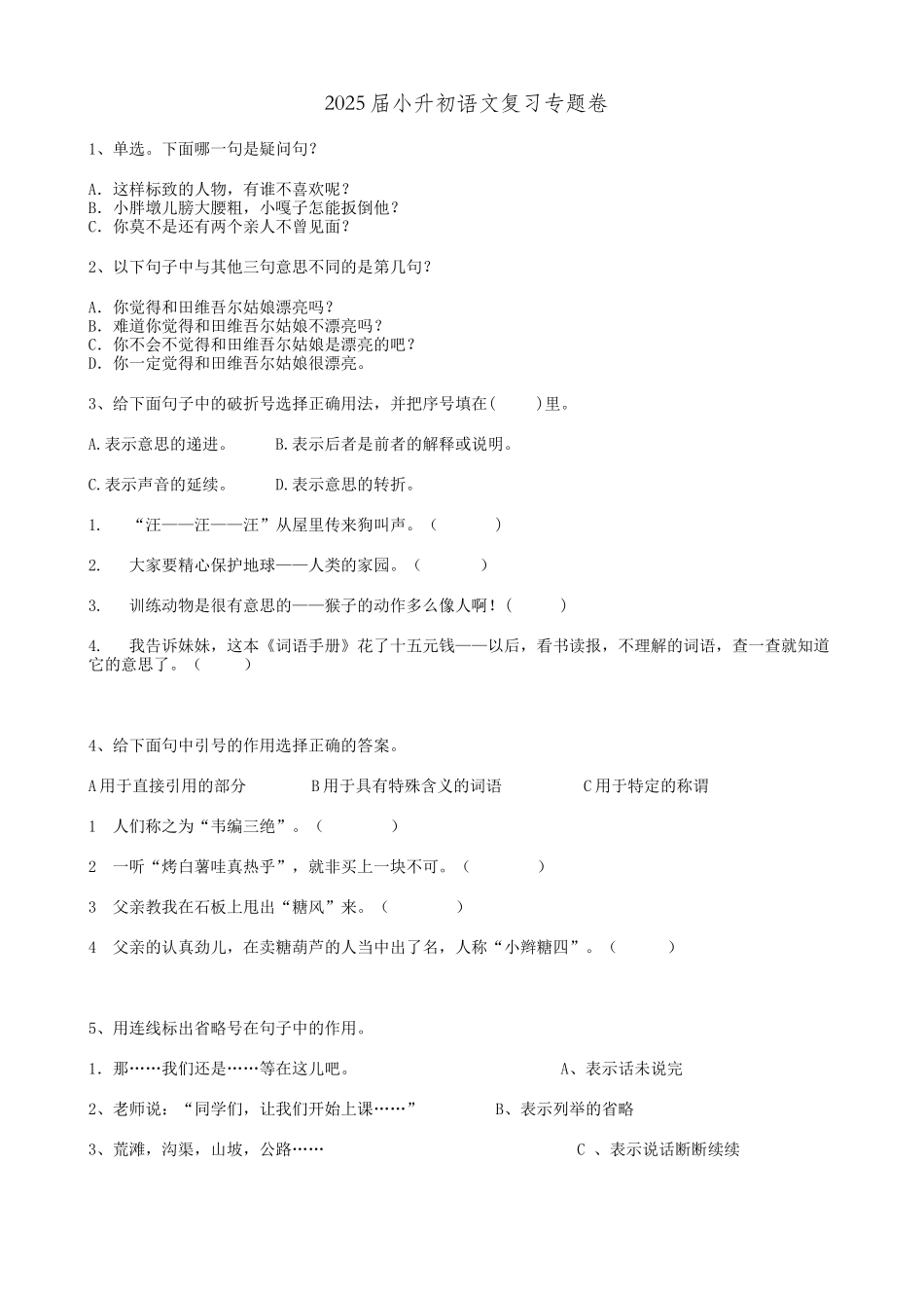 2025届六年级小升初语文专题复习-19句法句式-双重否定句-句式变换-标点符号（17P）（附答案解析）_第1页
