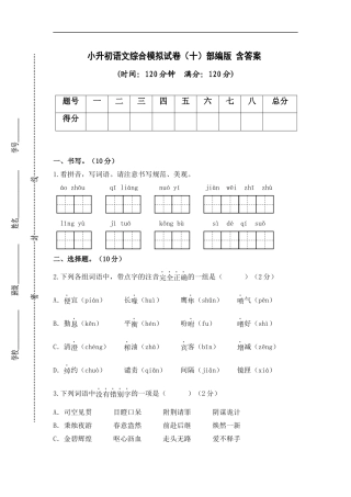 2025部编版六年级小升初语文综合模拟试卷（十）（ 含答案）