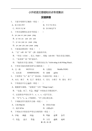 2025届人教部编版小学六年级小升初语文易错知识点专项集训A卷-汉语拼音(附答案）