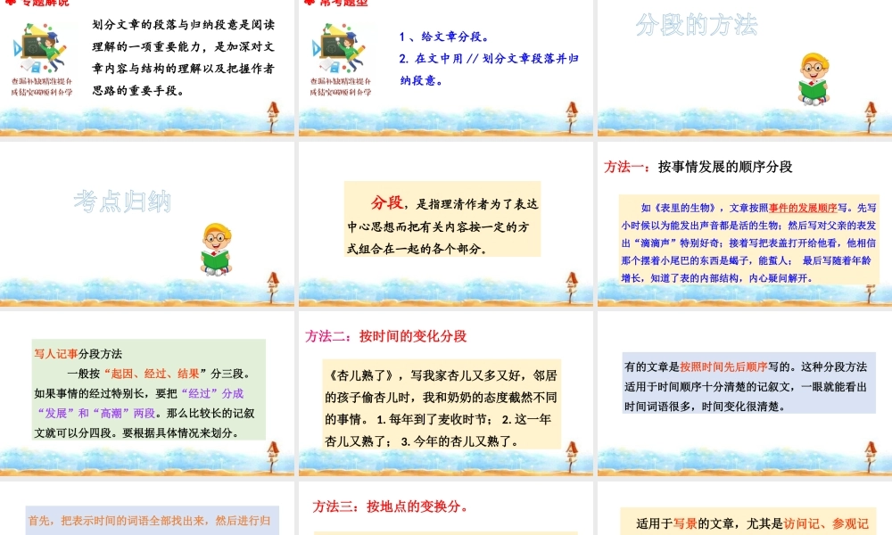 人教统编版六年级小升初语文总复习 专题十六·阅读之分段与归纳段意  课件