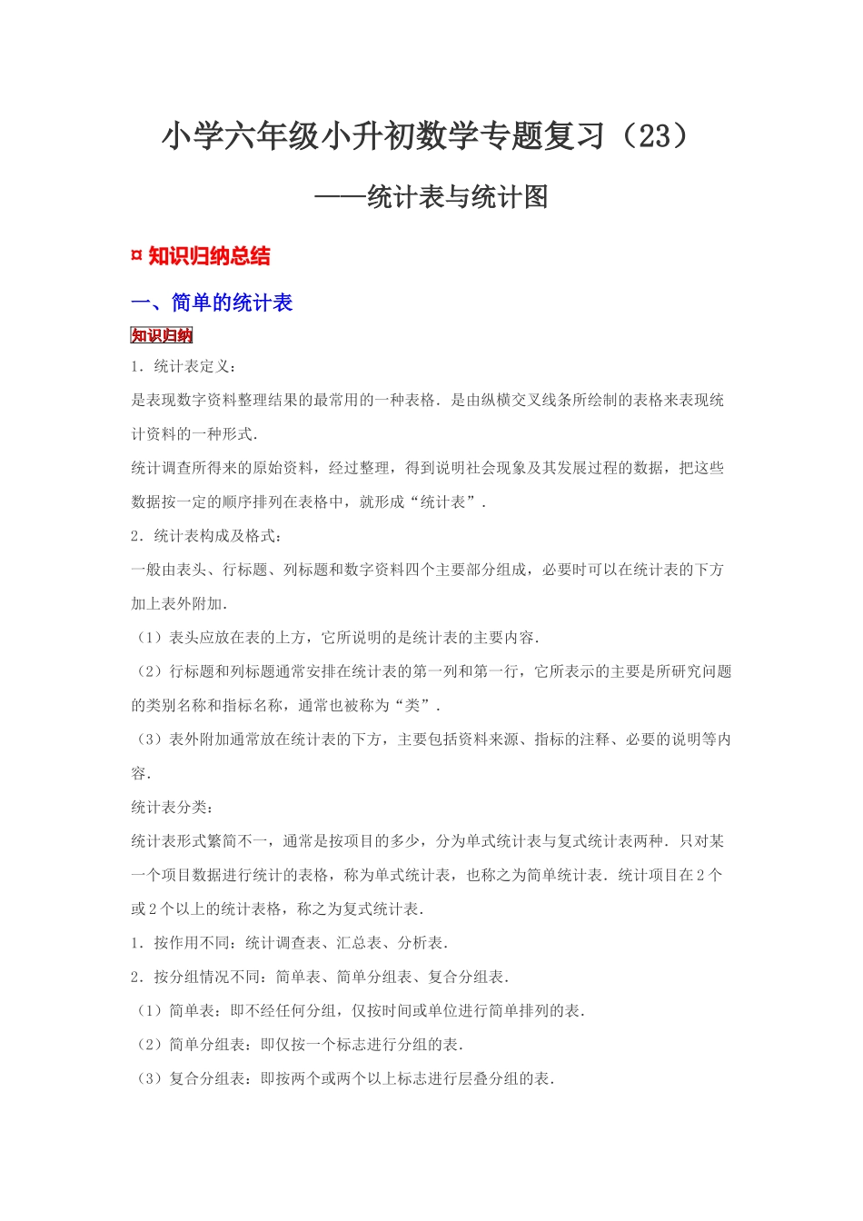 小学六年级小升初数学专题复习（23）统计表与统计图（典例精析+拔高训练）_第1页
