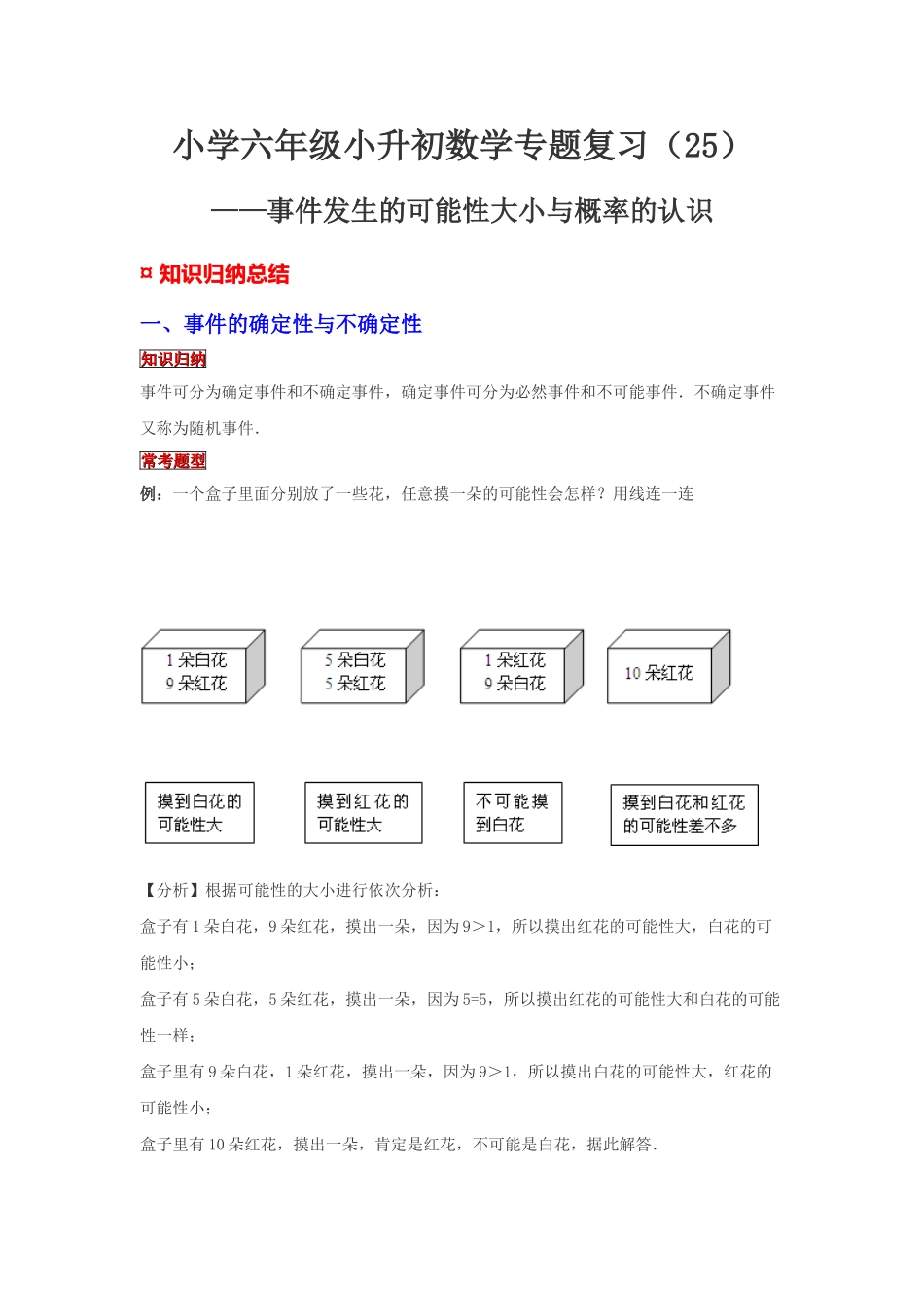 小学六年级小升初数学专题复习（25）事件发生的可能性大小与概率的认识（典例精析+拔高训练）_第1页