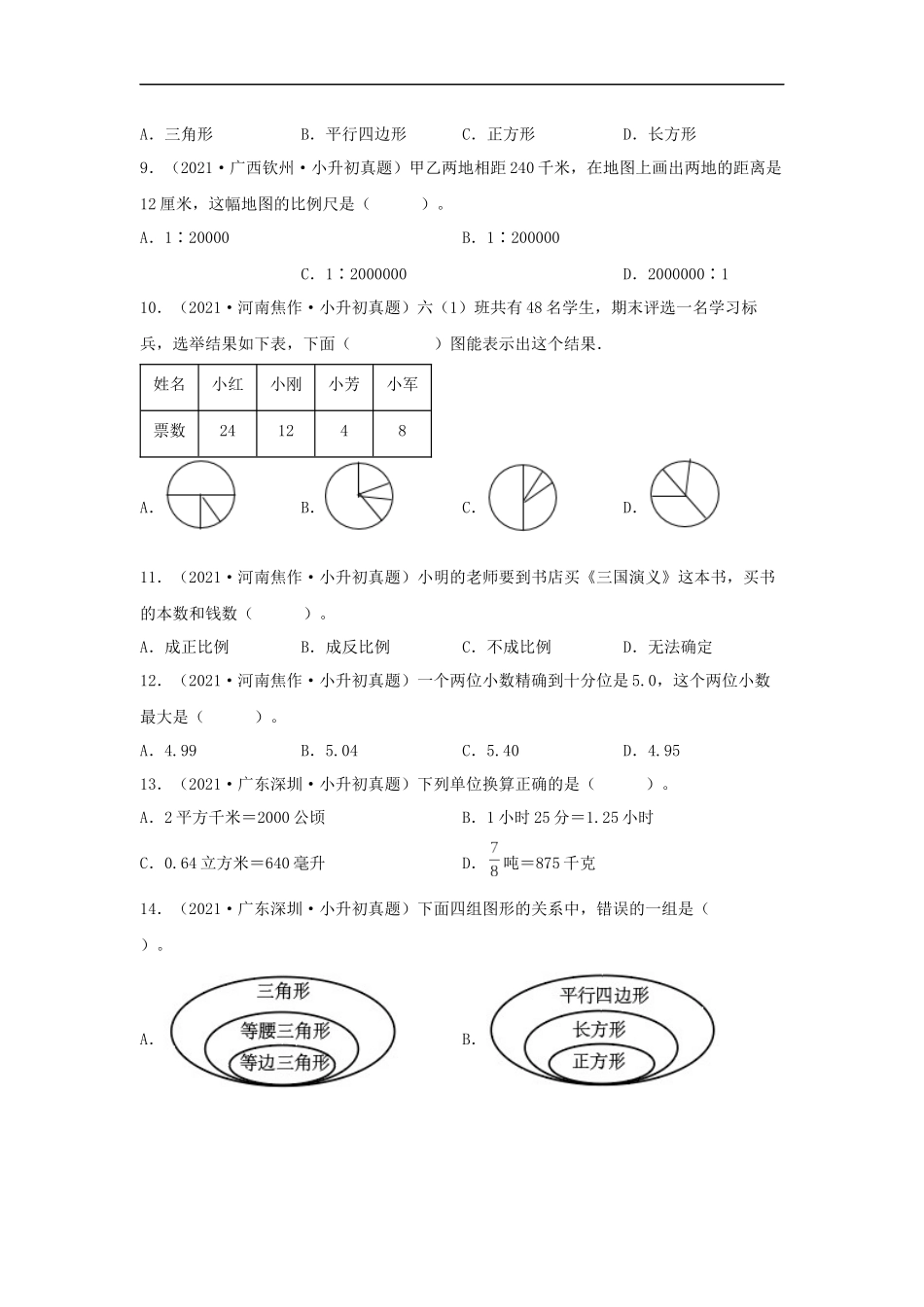 历年全国小升初六年级数学真题选择题93题（含答案）_第2页