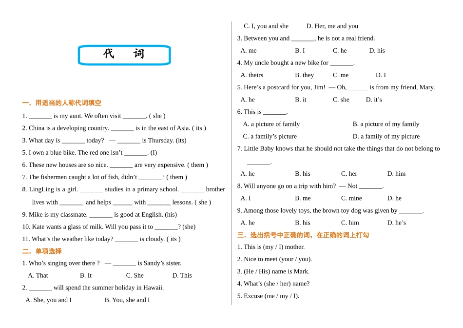 （2025-2026学年）小学英语语法逐项突破与精练（附答案）专题1代词专练_第1页
