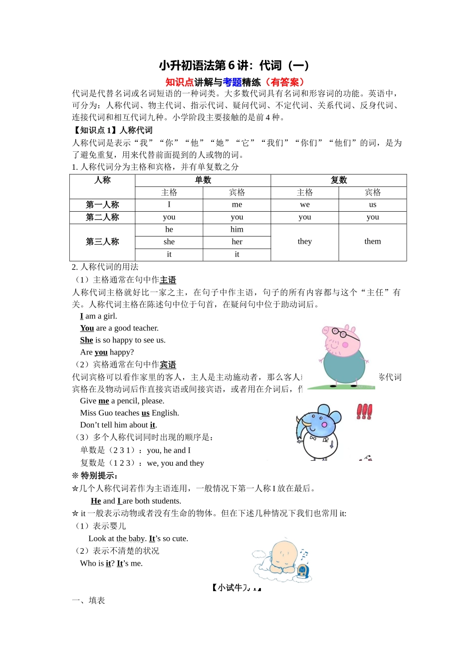 （2025-2026学年）小学英语语法知识点讲解与考题精练第6讲：代词（一）（附详细解析）_第1页