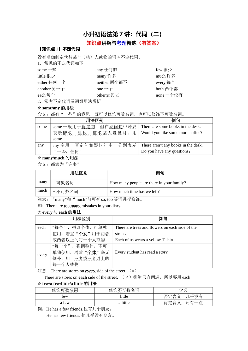 （2025-2026学年）小学英语语法知识点讲解与考题精练第7讲：代词（二）（附详细解析）_第1页
