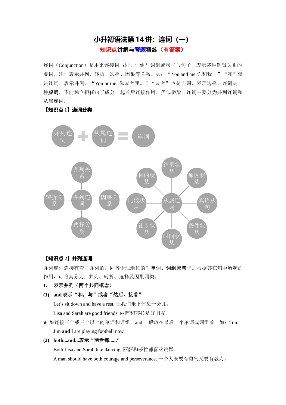 （2025-2026学年）小学英语语法知识点讲解与考题精练第14讲：连词（一）（附详细解析）_第1页