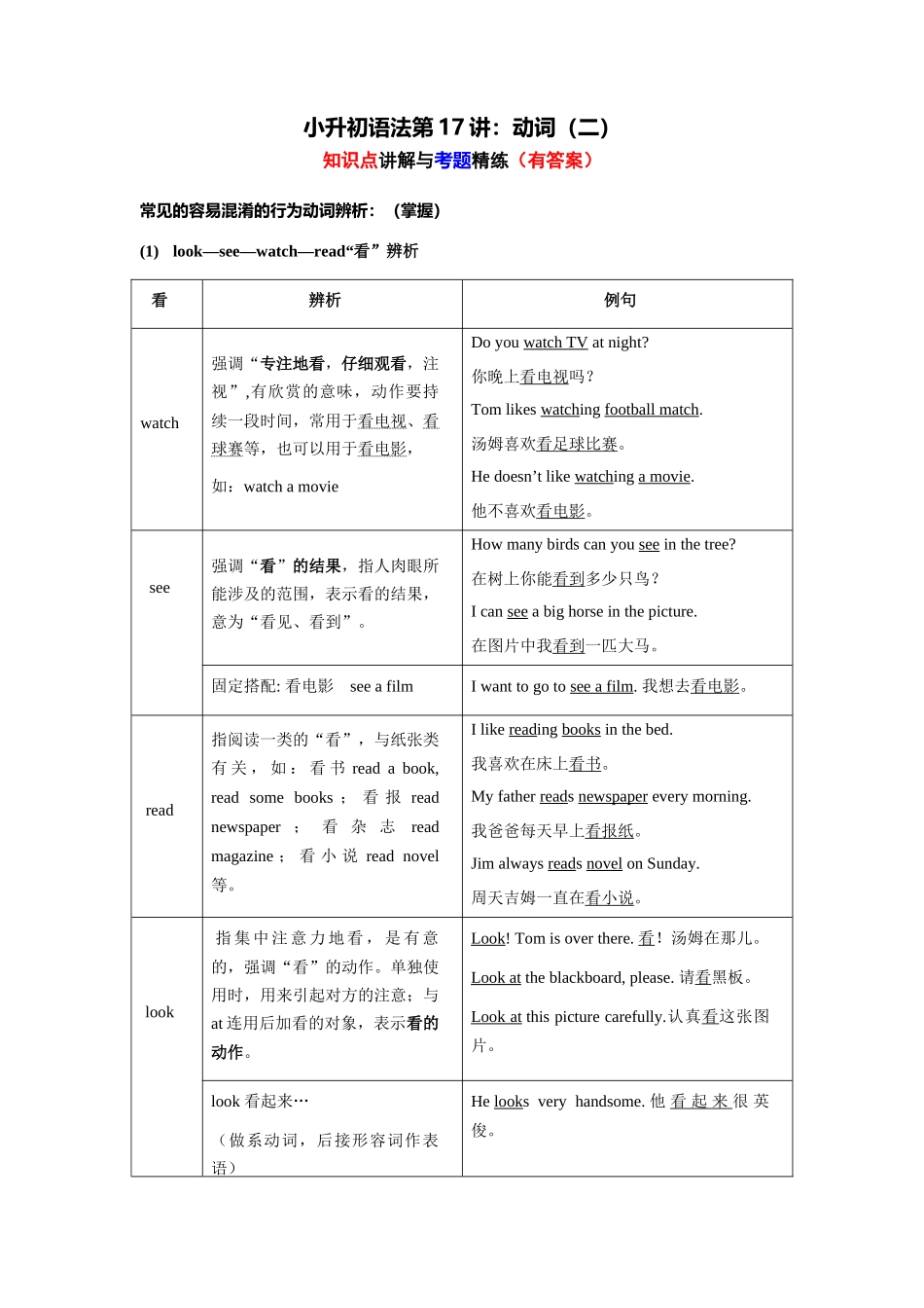 （2025-2026学年）小学英语语法知识点讲解与考题精练第17讲：动词（二）（附详细解析）_第1页