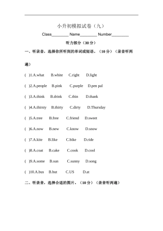 （通用）2025小学六年级小升初英语模拟测试卷（九）（含答案）