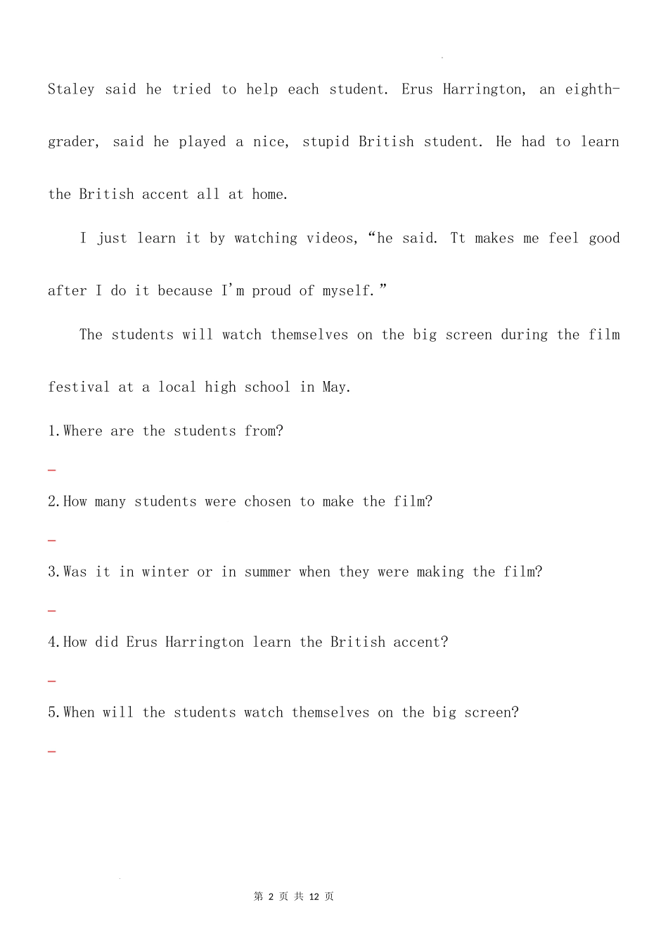 2025小学六年级小升初英语人教版阅读理解专项训练（九）（附详细解析）_第2页