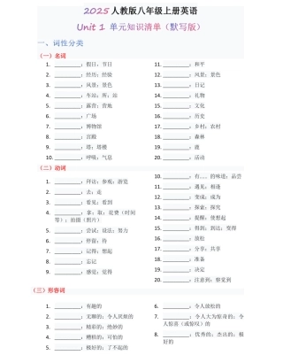 2025秋季人教版新教材八年级英语上册单元知识清单Unit 1 默写版+答案版