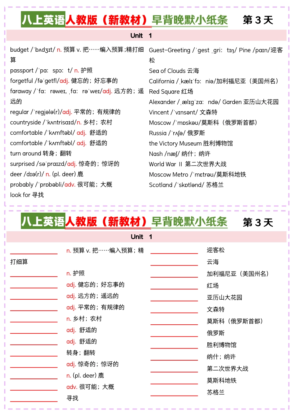 2025八上英语人教版（新教材）早背晚默小纸条_第3页