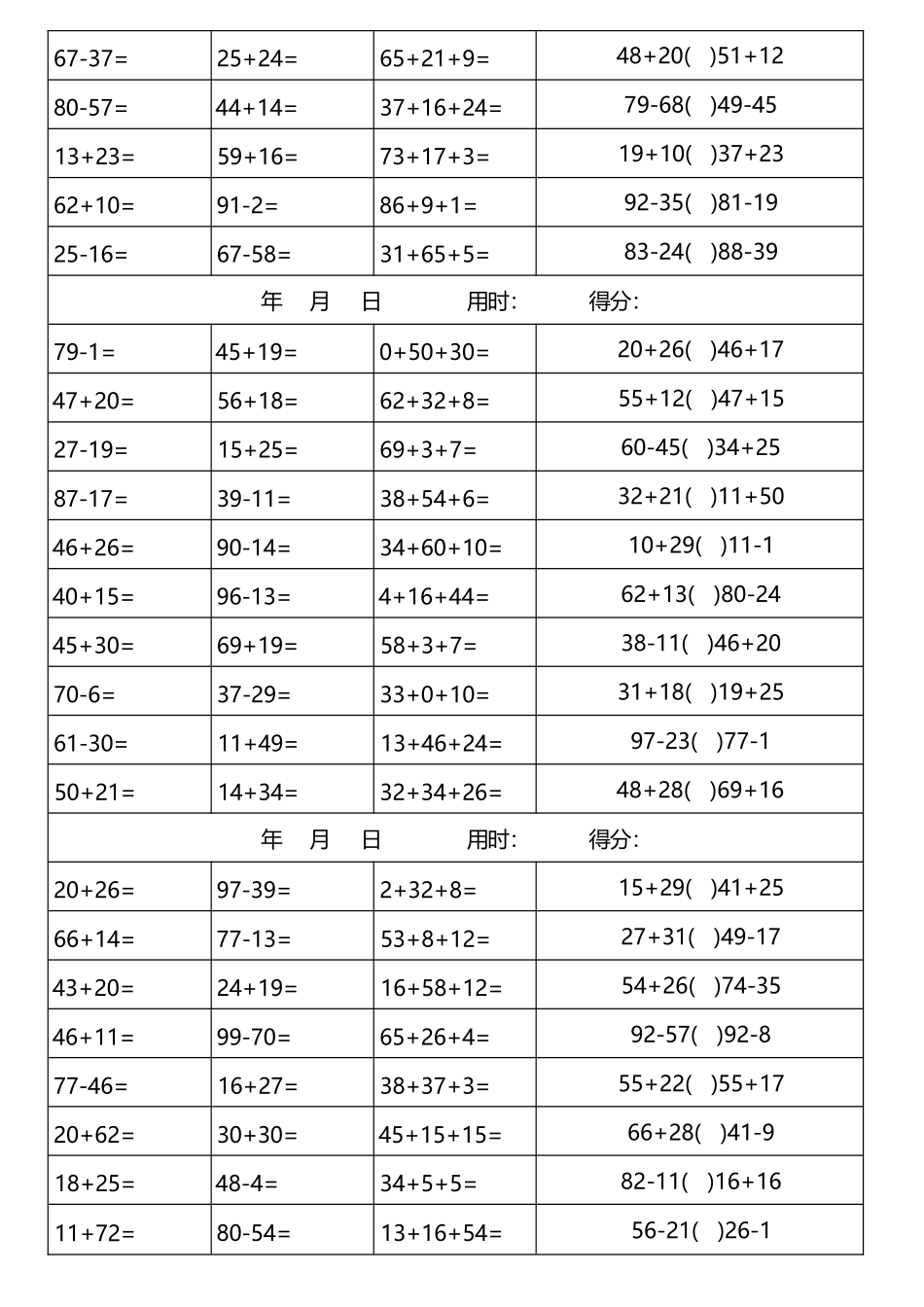 小学一年级升二年级暑假数学作业-100以内加减法口算天天练(3300道)_第3页
