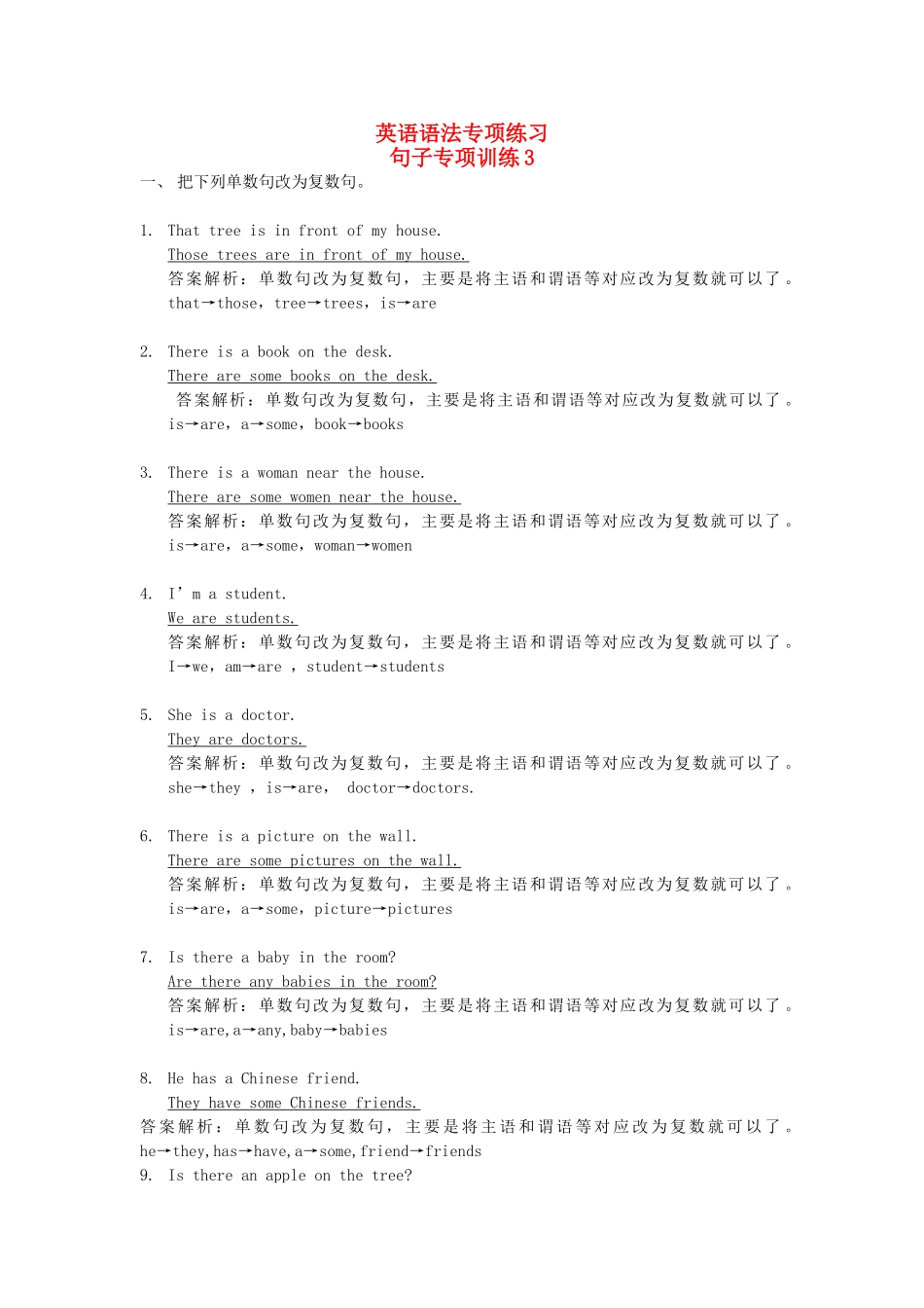 2025届小学英语语法讲与练026单数句变复数句（附答案）_第1页