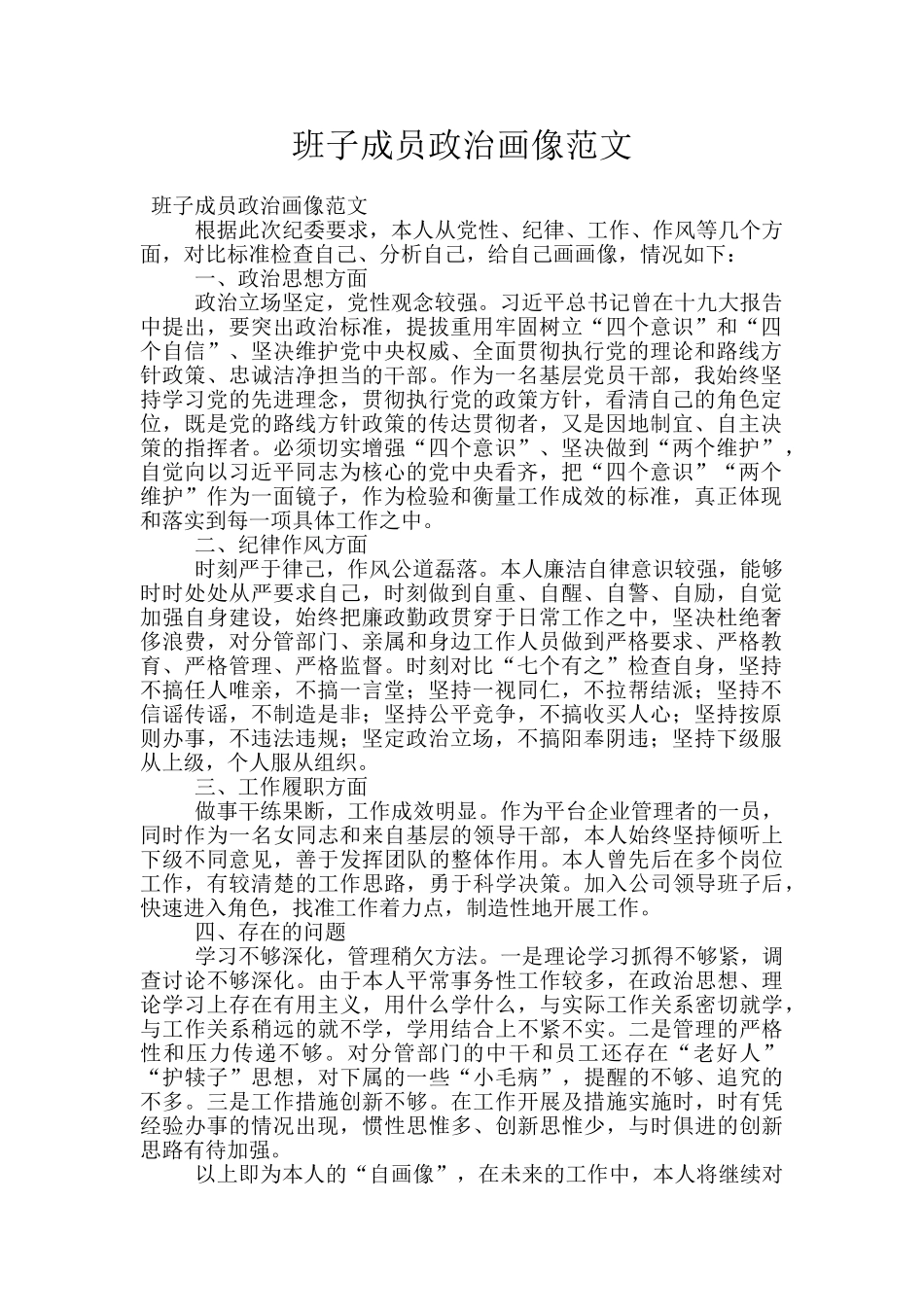 班子成员政治画像范文_第1页
