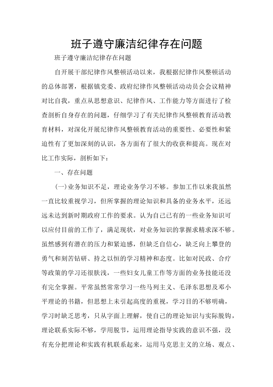 班子遵守廉洁纪律存在问题_第1页