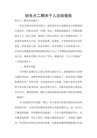 班长大二期末个人总结报告