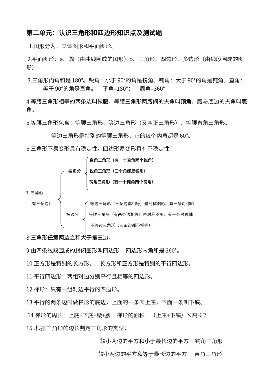 第二单元：认识三角形和四边形知识点及测试题_第1页