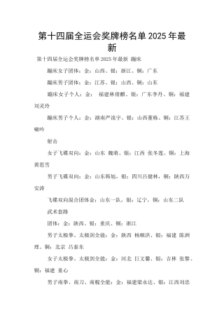 第十四届全运会奖牌榜名单2025年最新