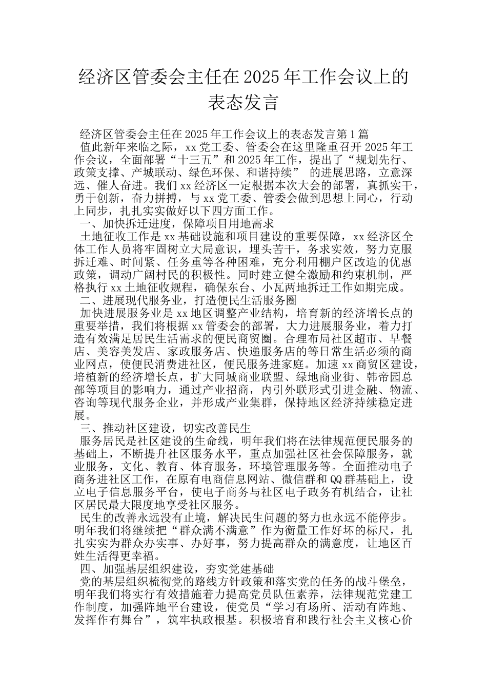 经济区管委会主任在2025年工作会议上的表态发言_第1页