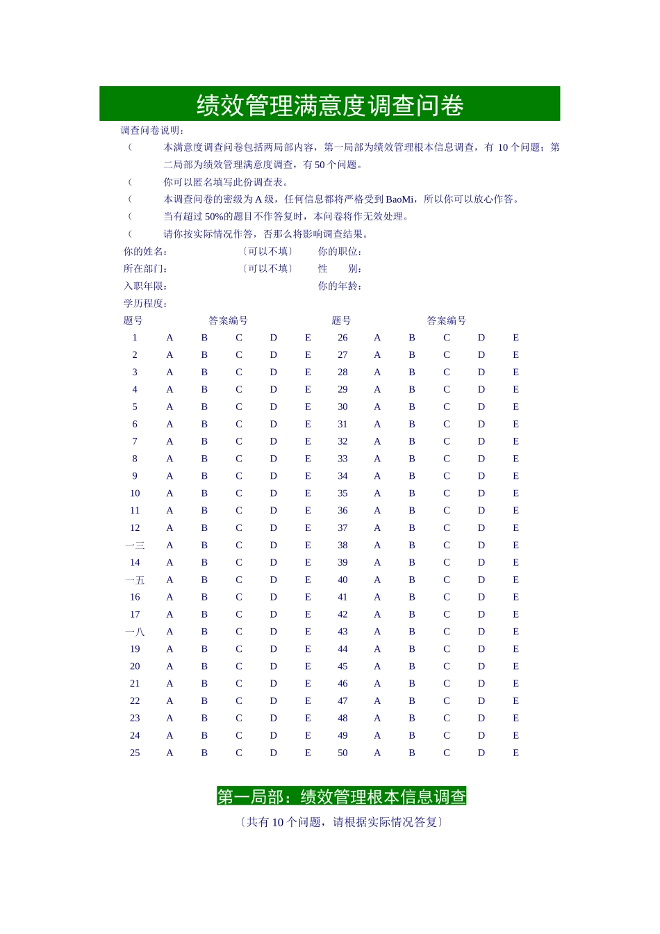绩效管理满意度调查问卷_第1页
