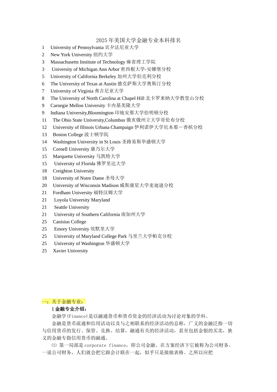 美国大学年度金融专业本科排名_第1页