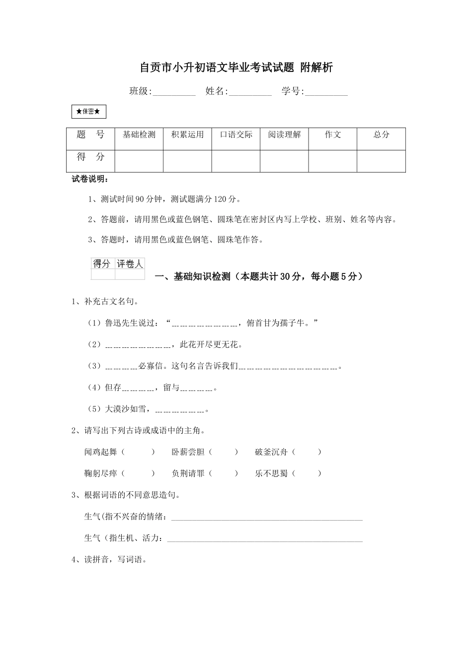 自贡市小升初语文毕业考试试题-附解析_第1页