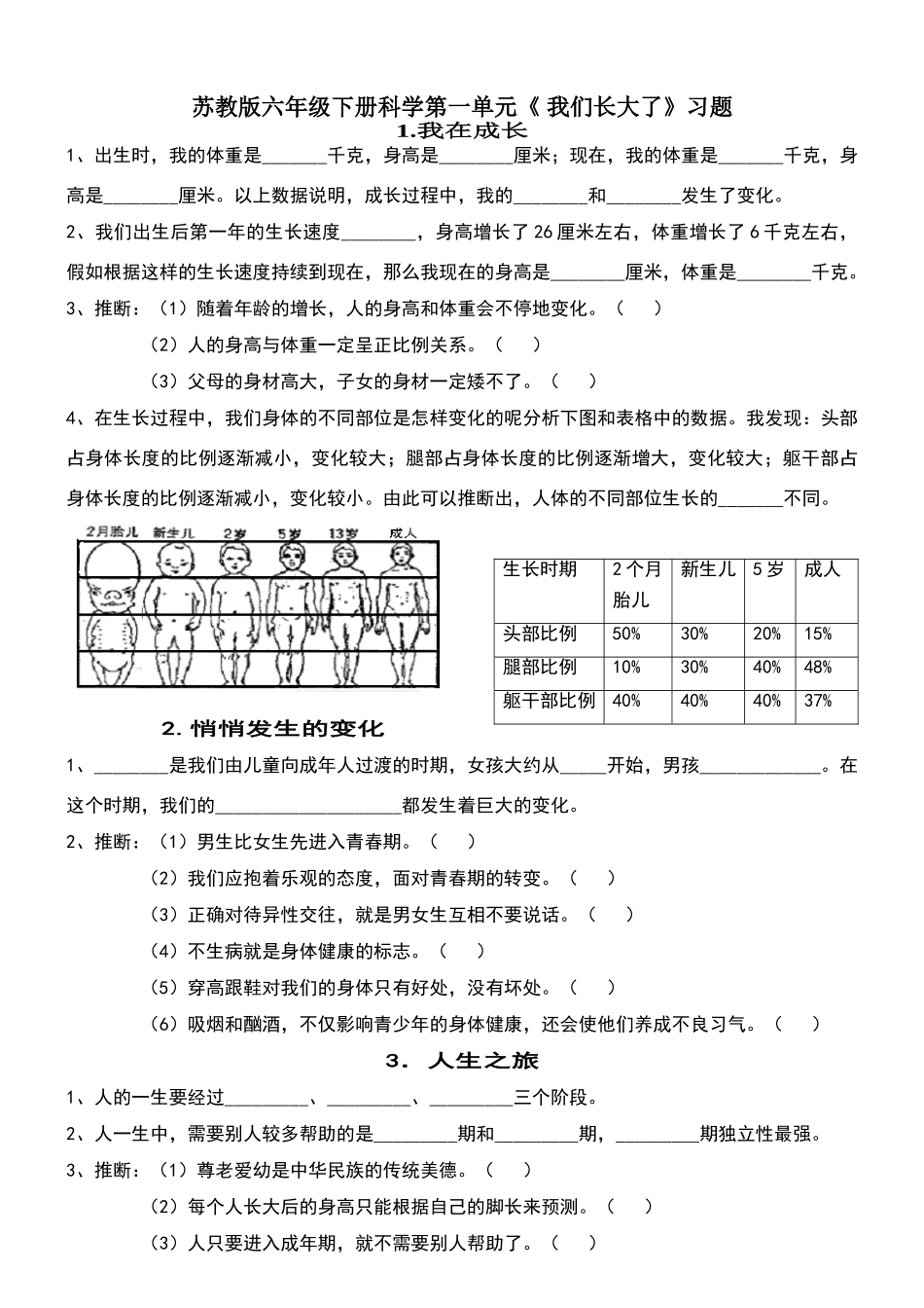 苏教-六年下-科学-第一单元《我们长大了》习题与答案_第1页