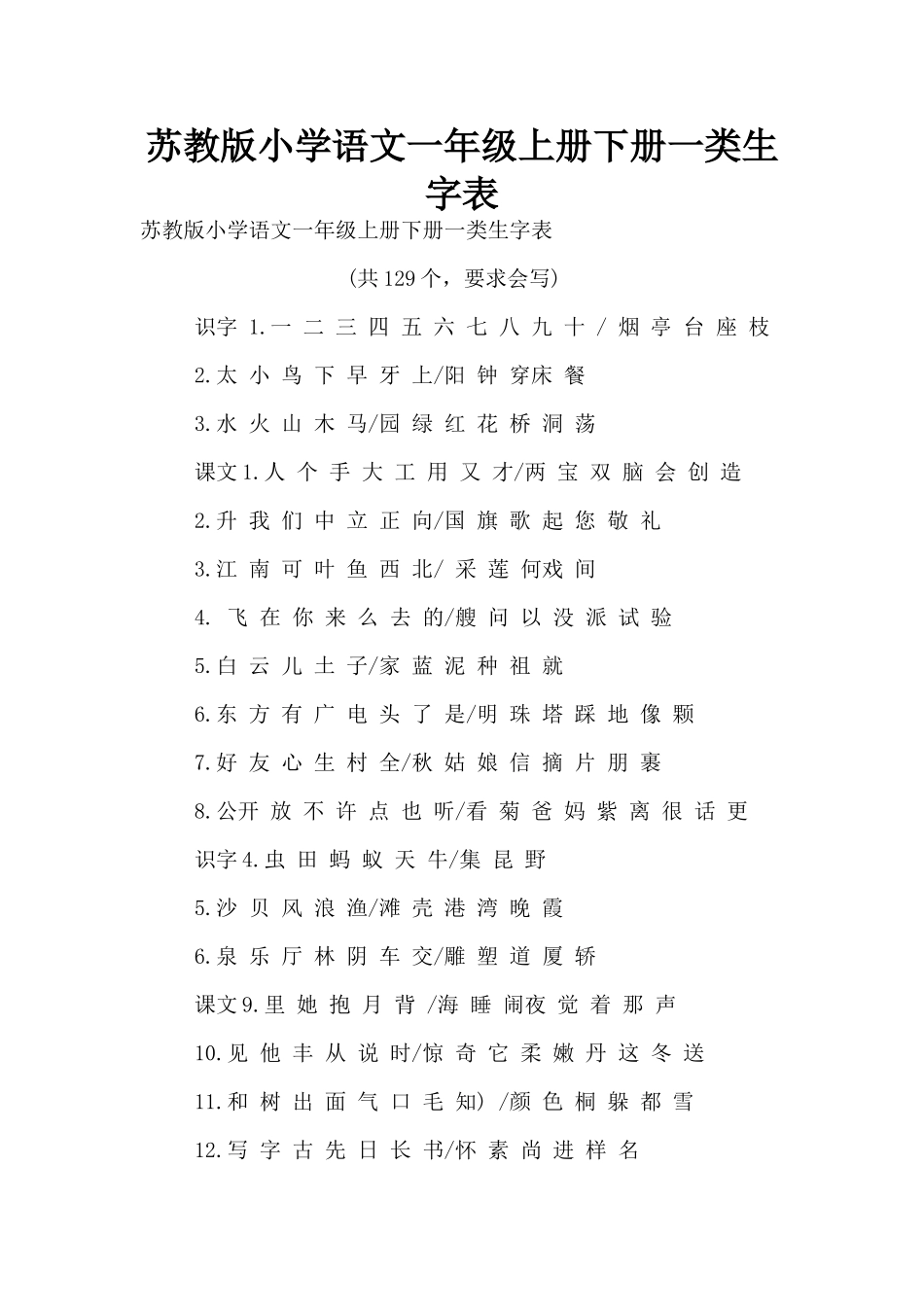 苏教版小学语文一年级上册下册一类生字表_第1页