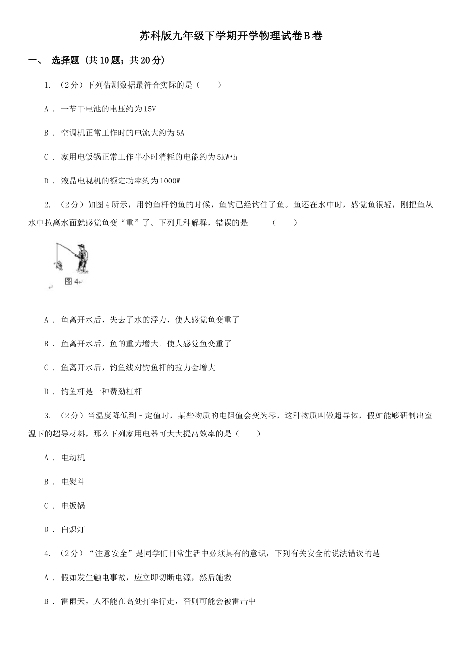 苏科版九年级下学期开学物理试卷B卷_第1页