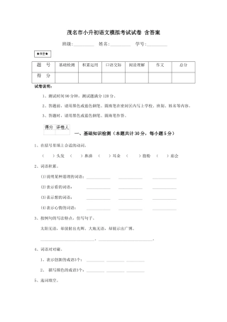 茂名市小升初语文模拟考试试卷-含答案
