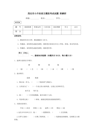 茂名市小升初语文模拟考试试题-附解析