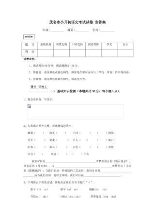 茂名市小升初语文考试试卷-含答案