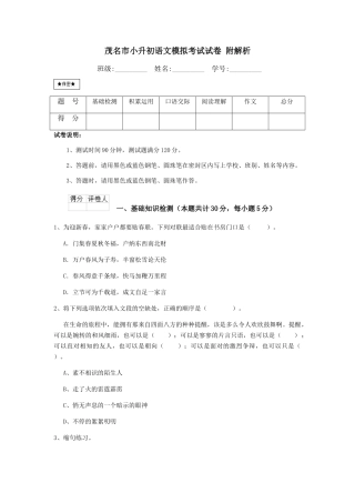 茂名市小升初语文模拟考试试卷-附解析